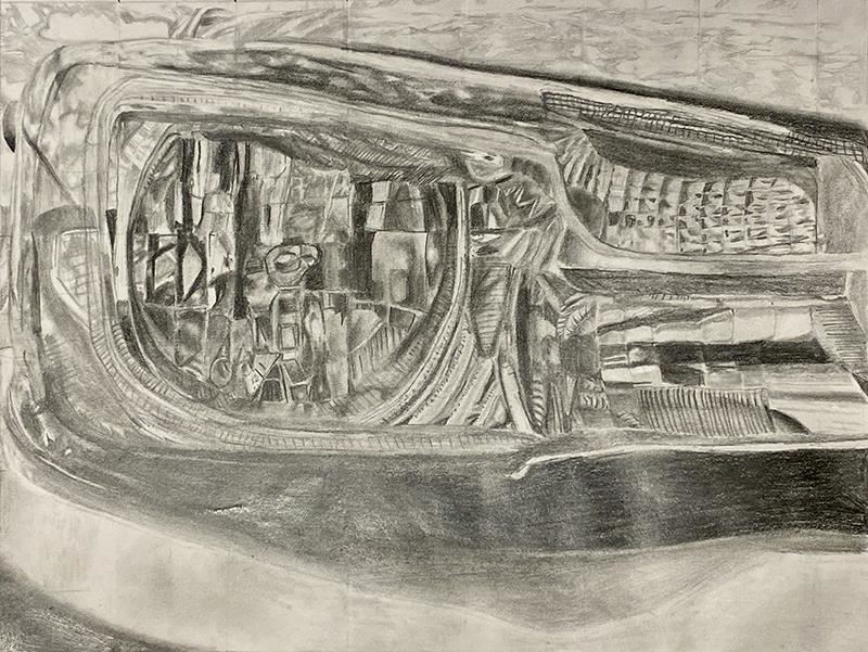 Graphite Drawing of a car's headlight